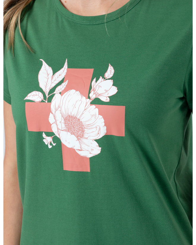 Stella and Gemma Vintage Green Floral Cross T Shirt