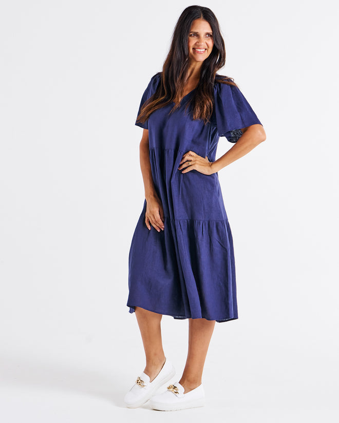 Betty Basics Regina Linen Dress Navy