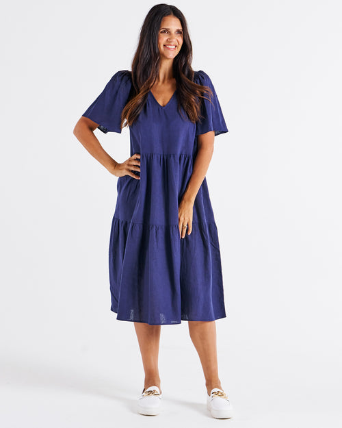 Betty Basics Regina Linen Dress Navy