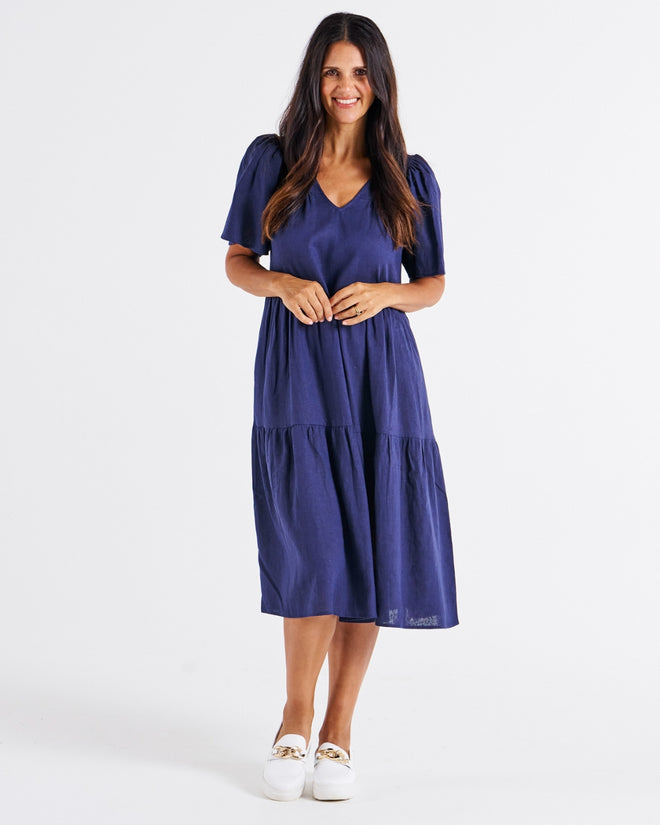 Betty Basics Regina Linen Dress Navy