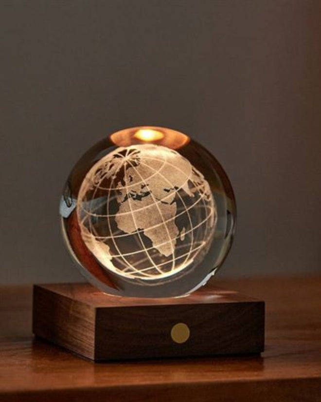 Gingko Walnut World Globe Engraved LED Light