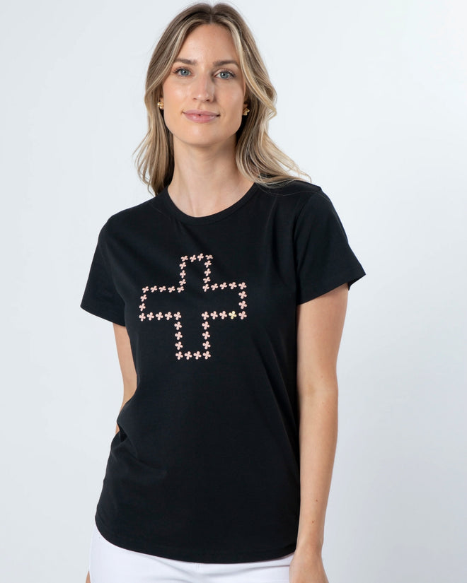 Stella and Gemma Black Antique Rose Cross T Shirt