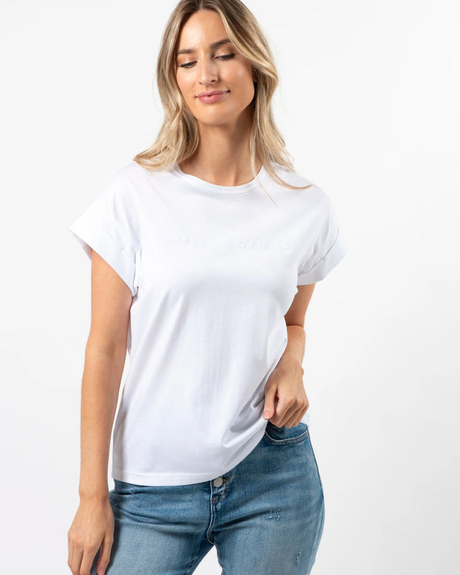 Stella and Gemma Cuff Sleeve T Shirt Embroidered Logo White