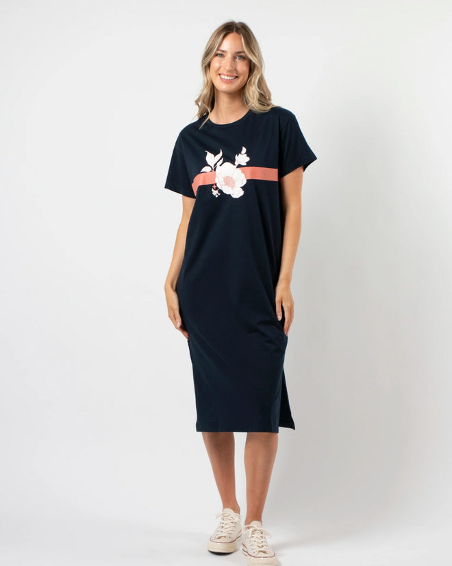 Stella and Gemma Navy Rose Floral Stripe T Shirt Dress