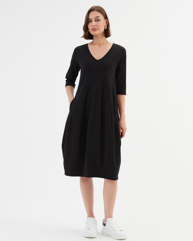 Tirelli V Neck Diagonal Seam Dress Black