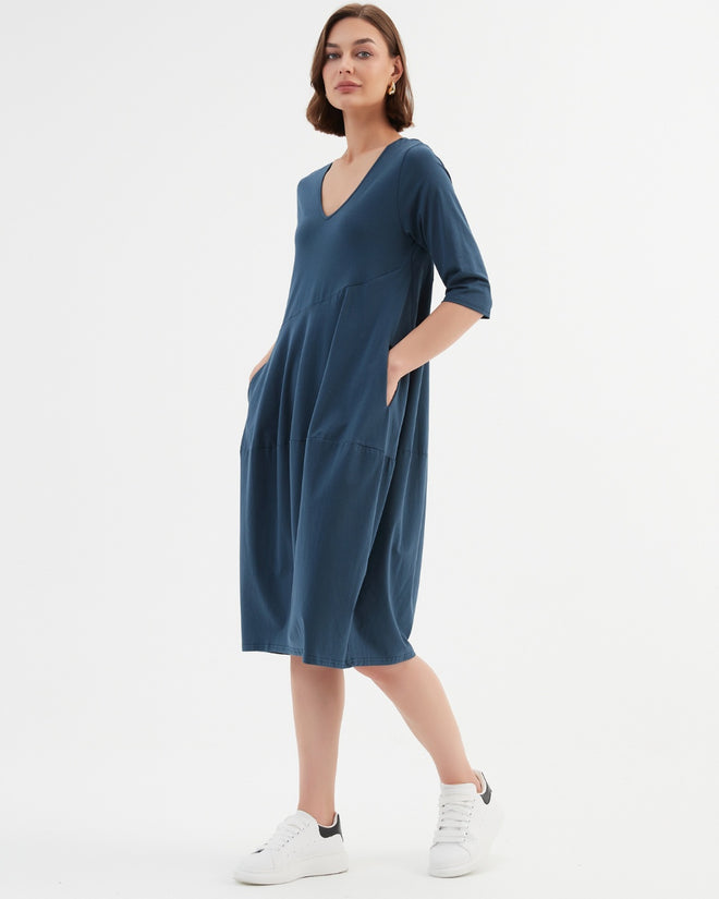 Tirelli V Neck Diagonal Seam Dress Deep Teal