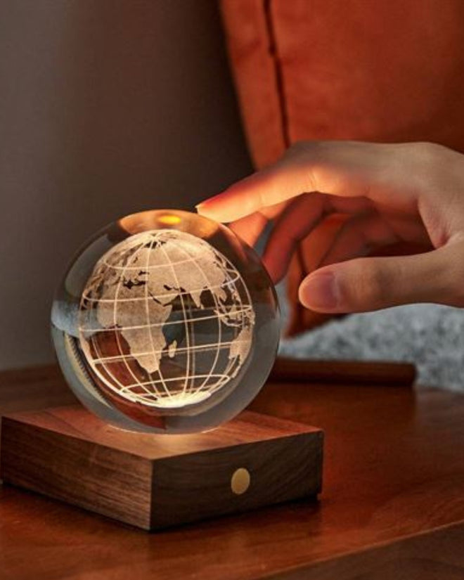 Gingko Walnut World Globe Engraved LED Light