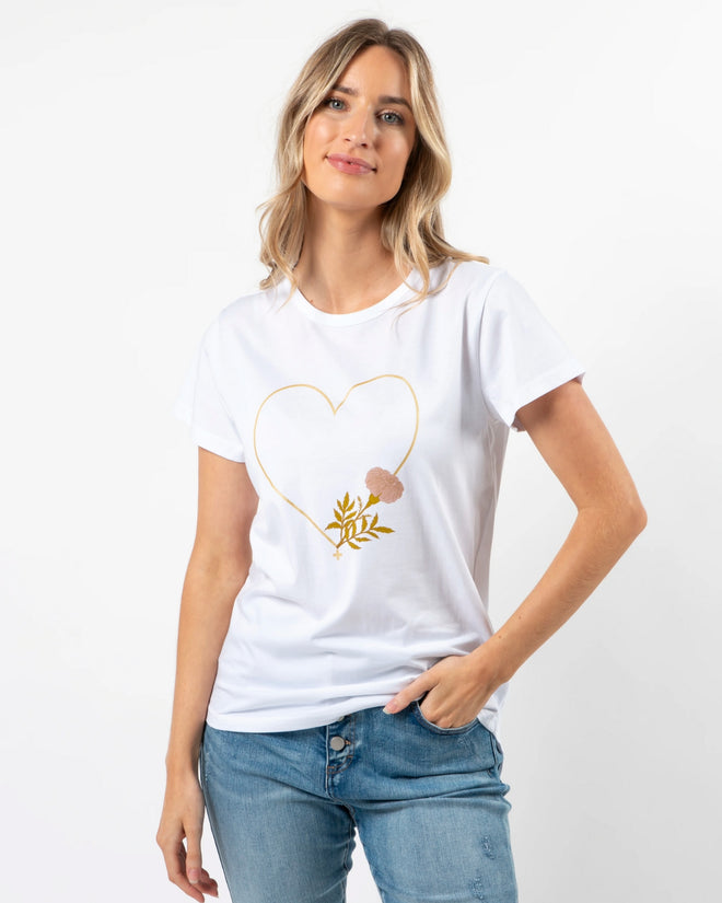 Stella and Gemma White Fiore Gold Heart T Shirt