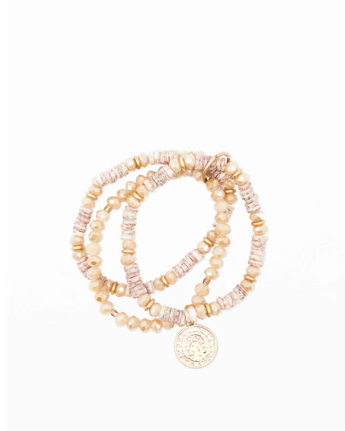 Stella and Gemma Bracelet Peach Moonstone Beads with Gold Coin