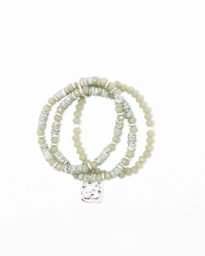 Stella and Gemma Bracelet Green Beads Silver Beaten Pendant