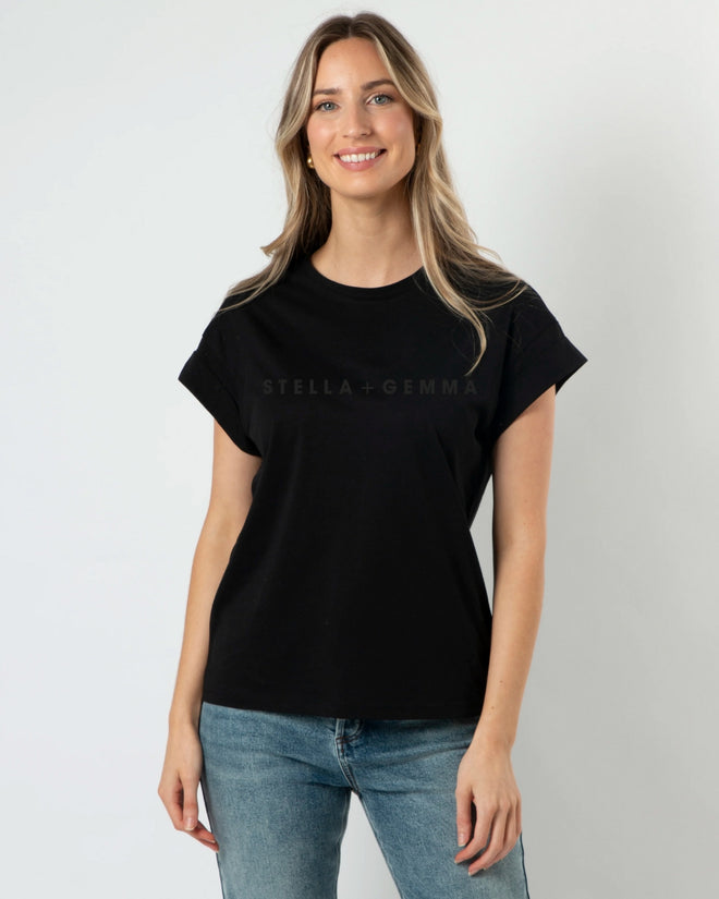 Stella and Gemma Cuff Sleeve T Shirt Embroidered Logo Black