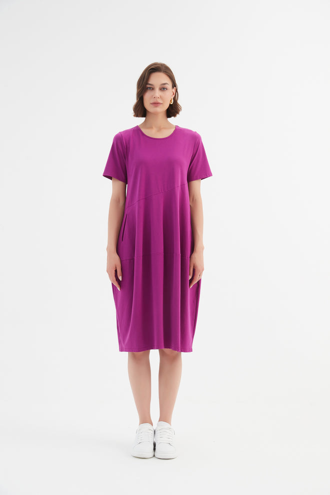 Tirelli Short Sleeve Diagonal Dress Fuschia 