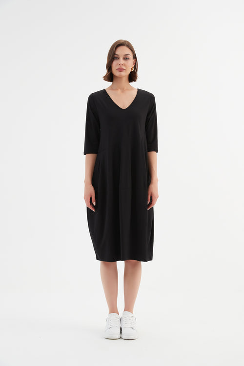 Tirelli V Neck Diagonal Seam Dress Black