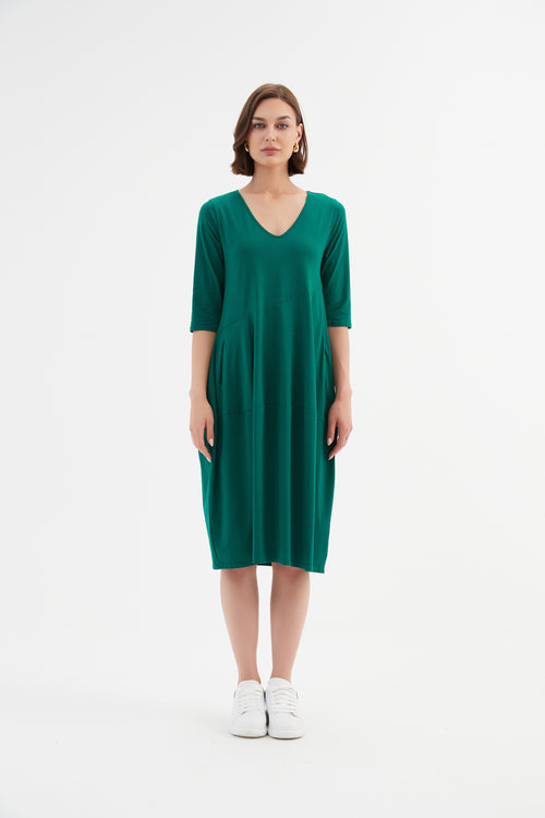 Tirelli V Neck Diagonal Seam Dress Emerald