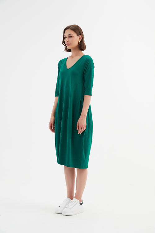 Tirelli V Neck Diagonal Seam Dress Emerald