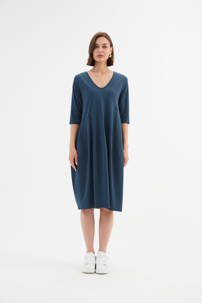 Tirelli V Neck Diagonal Seam Dress Deep Teal